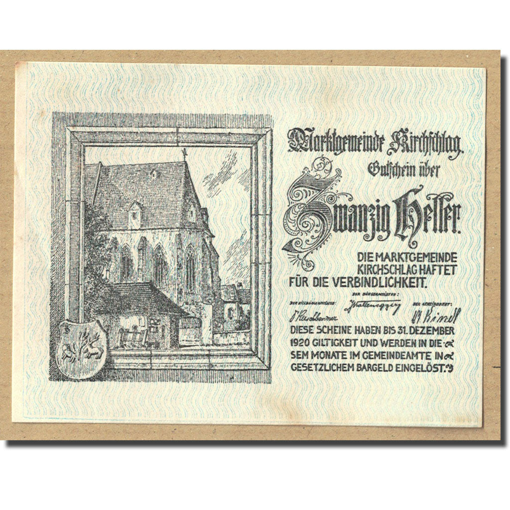 Geldschein, Österreich, Kirchschlag, 20 Heller, voute, 1920, 1920-12-31, UNZ-