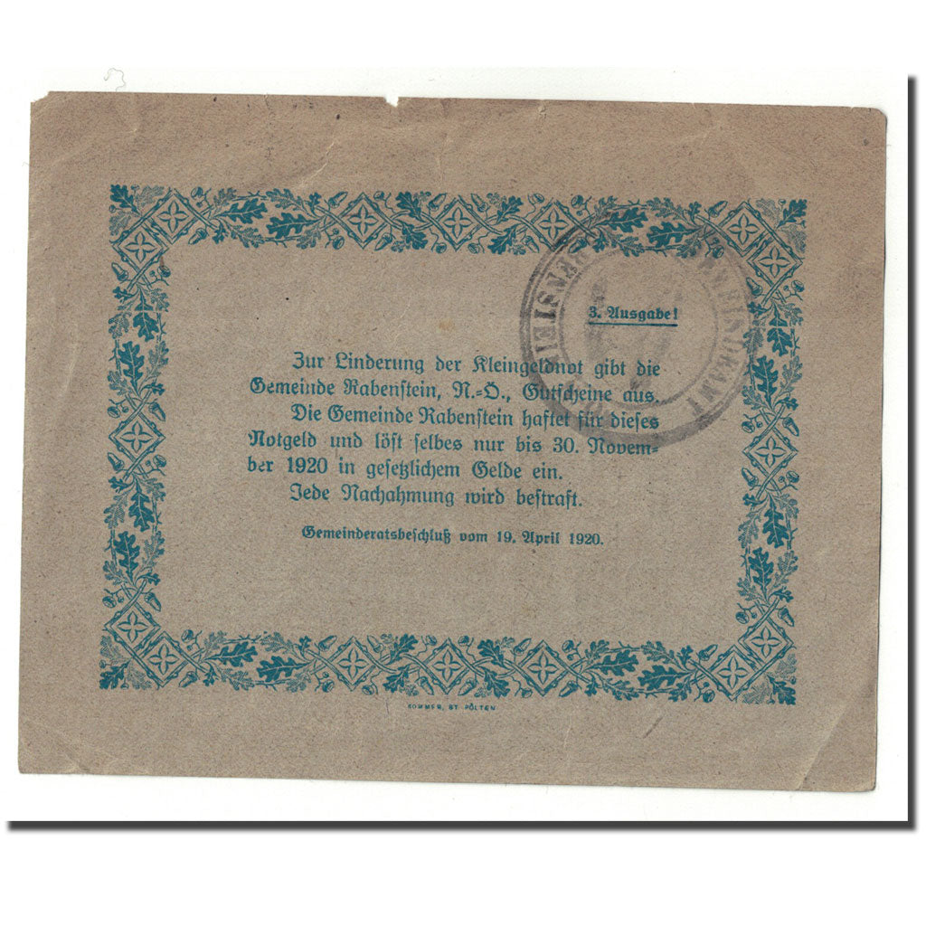 Geldschein, Österreich, Rabenstein, 50 Heller, paysage 3, 1920, 1920-04-19