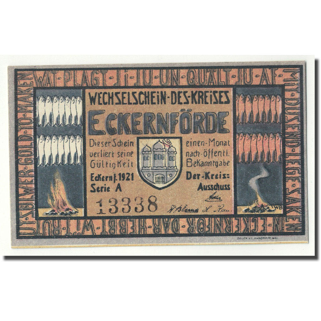Banknot, Niemcy, Eckernförde, 50 Pfennig, Ecusson, 1921, Undated, UNC(63)