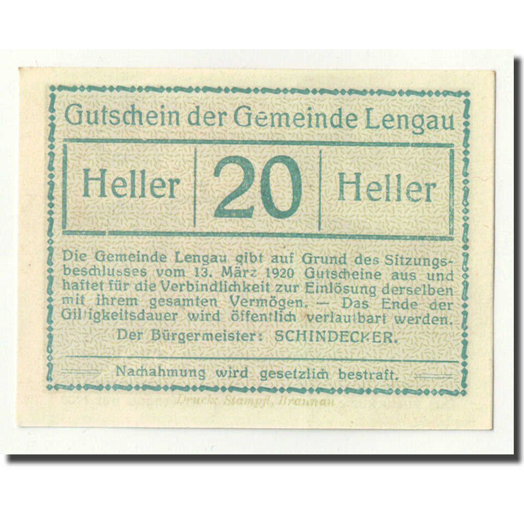 Geldschein, Österreich, Lengau, 20 Heller, paysage, 1920, 1920-03-13, UNZ-
