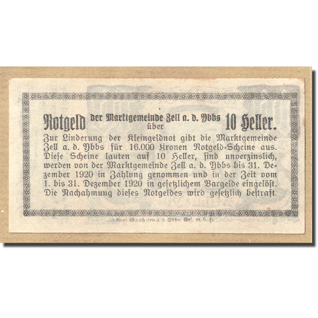 Geldschein, Österreich, Zell a/d Ybbs, 10 Heller, Ecusson, 1920, 1920-04-10