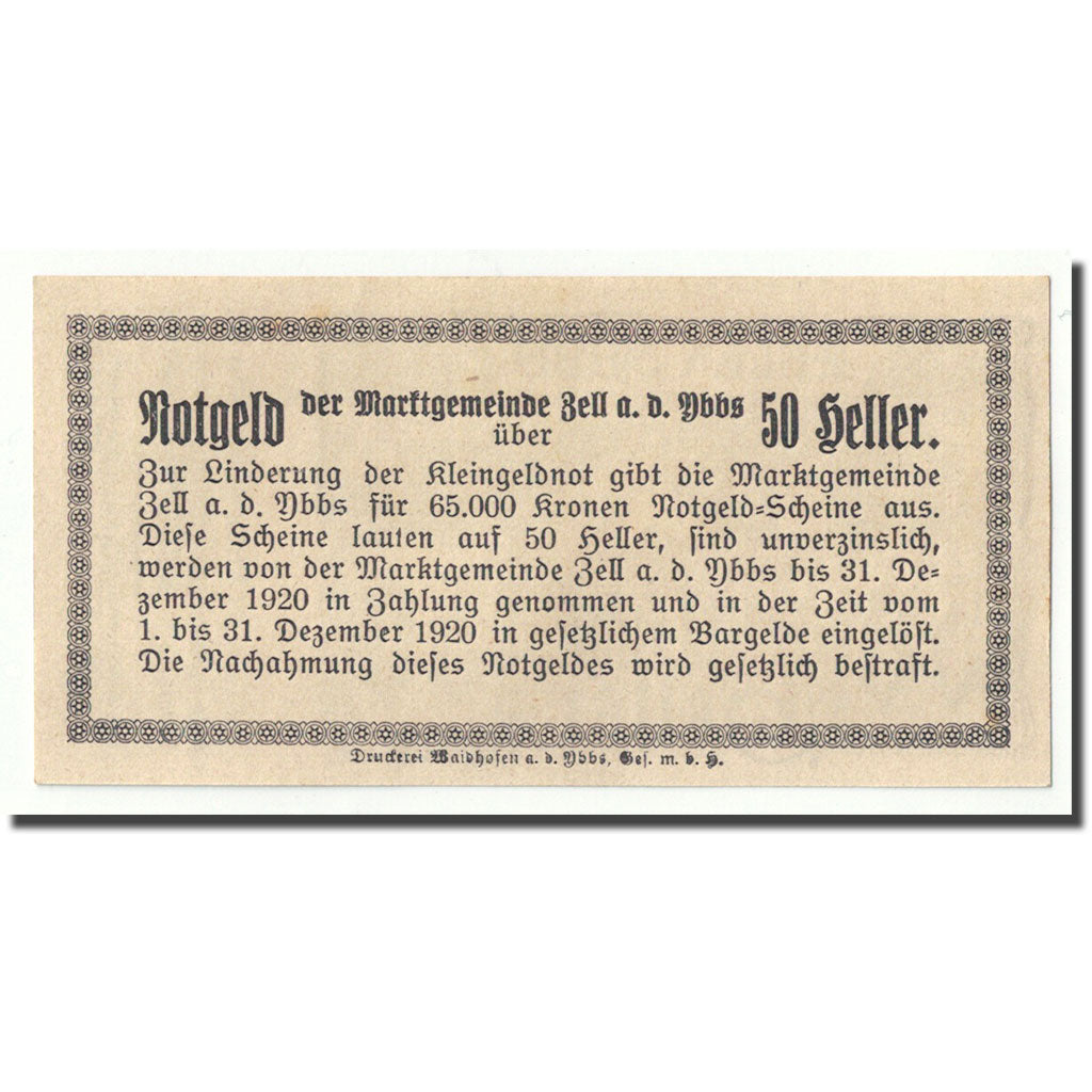 Geldschein, Österreich, Zell a/d Ybbs, 50 Heller, Eglise, 1920, 1920-04-10