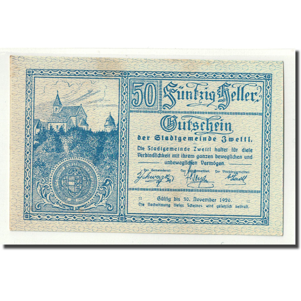 Geldschein, Österreich, Zwettl, 50 Heller, Eglise, 1920, UNZ-, Mehl:FS 1278