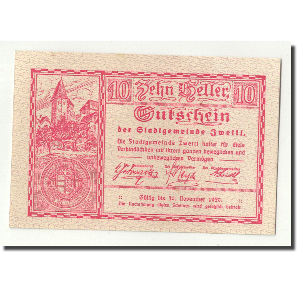 Geldschein, Österreich, Zwettl, 10 Heller, Eglise, 1920, UNZ-, Mehl:FS 1278