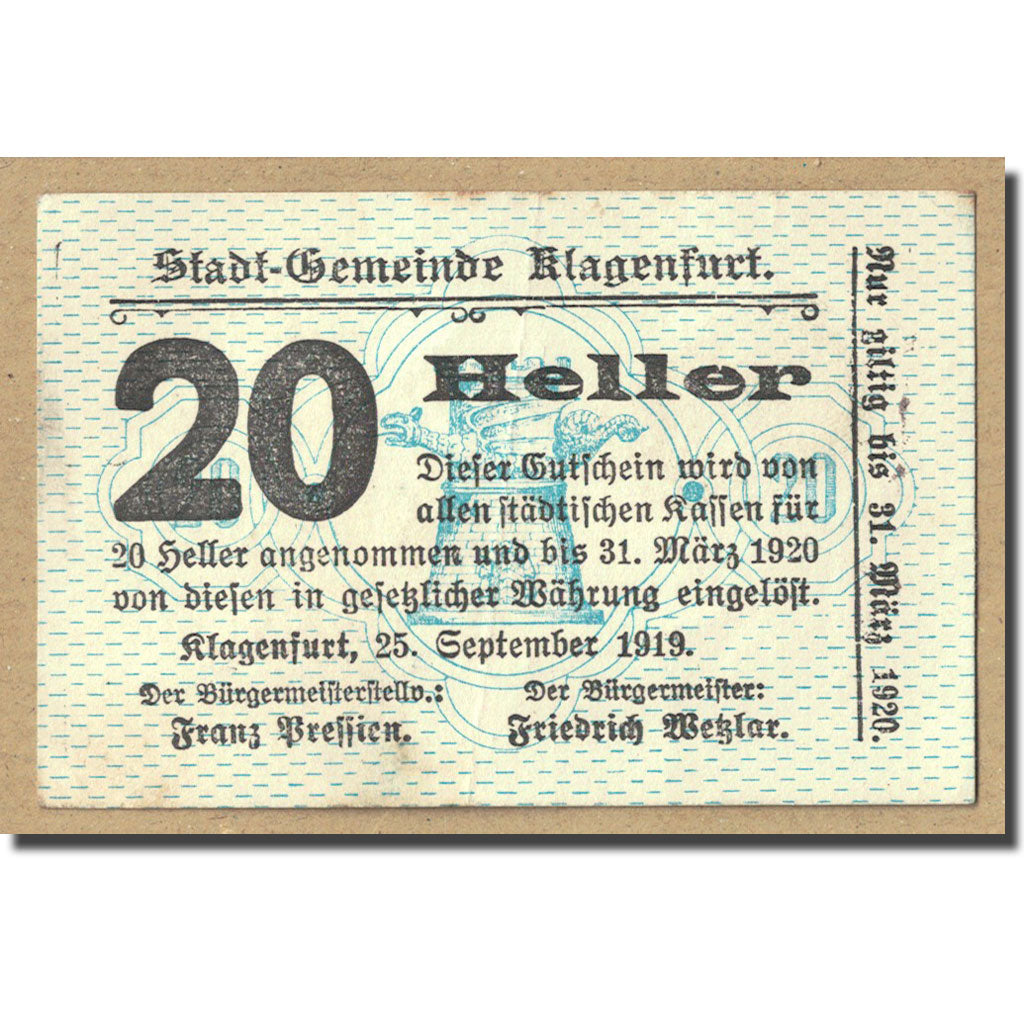 Geldschein, Österreich, Klagenfurt, 20 Heller, tour, 1919, 1919-09-25, UNZ-