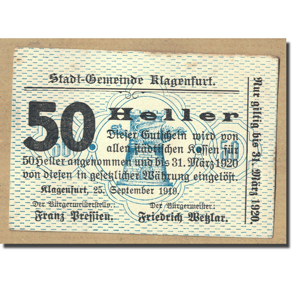 Geldschein, Österreich, Klagenfurt, 50 Heller, tour, 1919, 1919-09-25, UNZ-