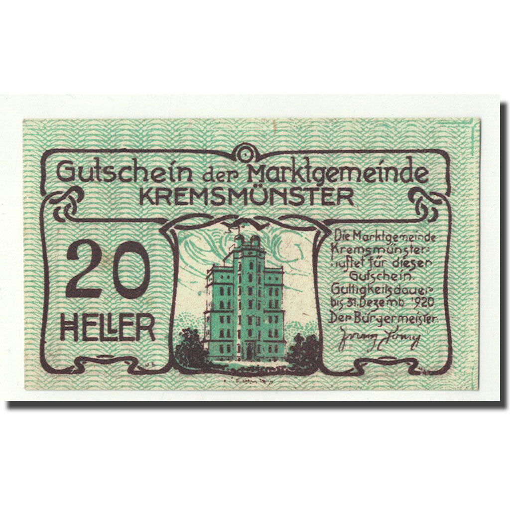 Geldschein, Österreich, Kremsmunster, 20 Heller, animal, 1920, UNZ-, Mehl:FS