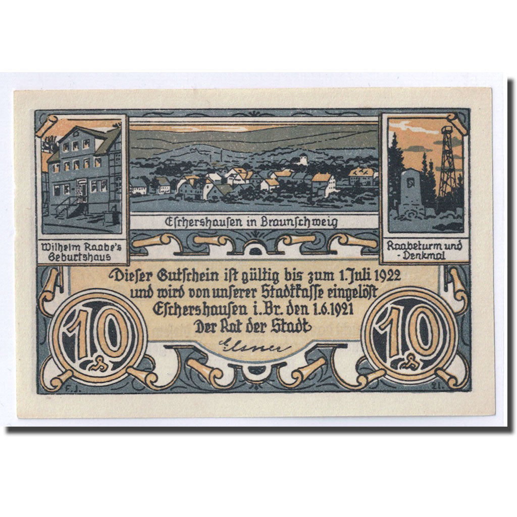 Biljet, Duitsland, Eschershausen, 10 Pfennig, Animaux, 1921, 1921-06-01, SPL