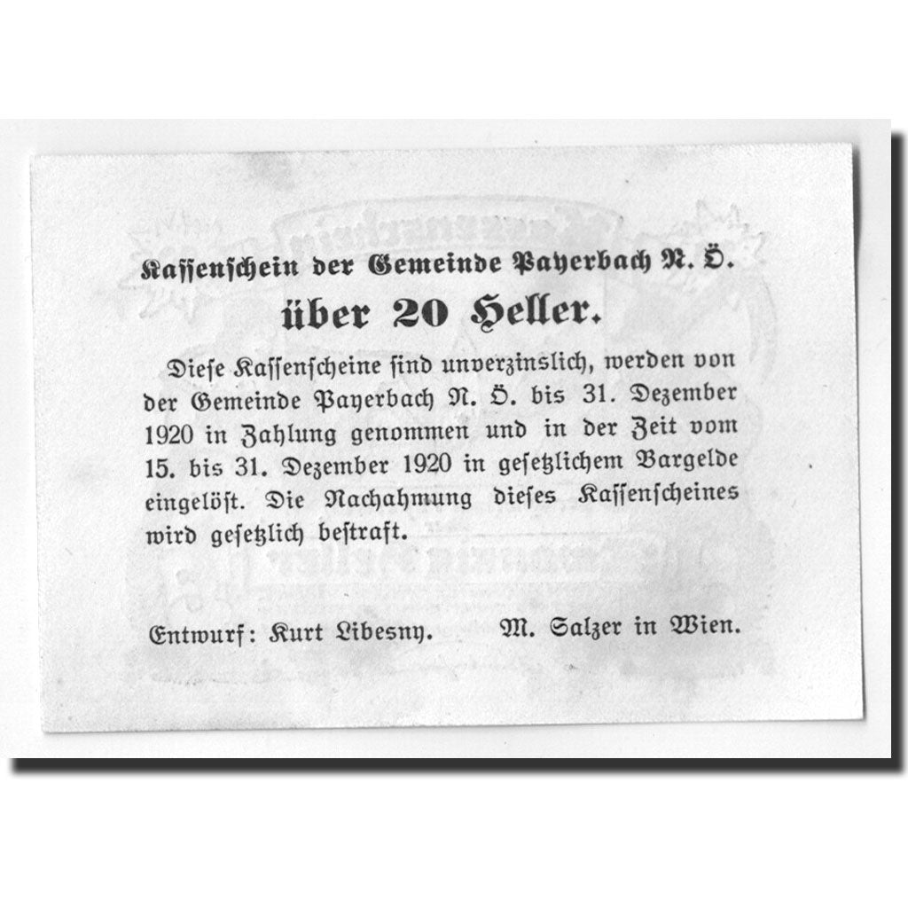 Banknote, Austria, Payerbach, 20 Heller, paysage, 1920, UNC(63), Mehl:FS 725