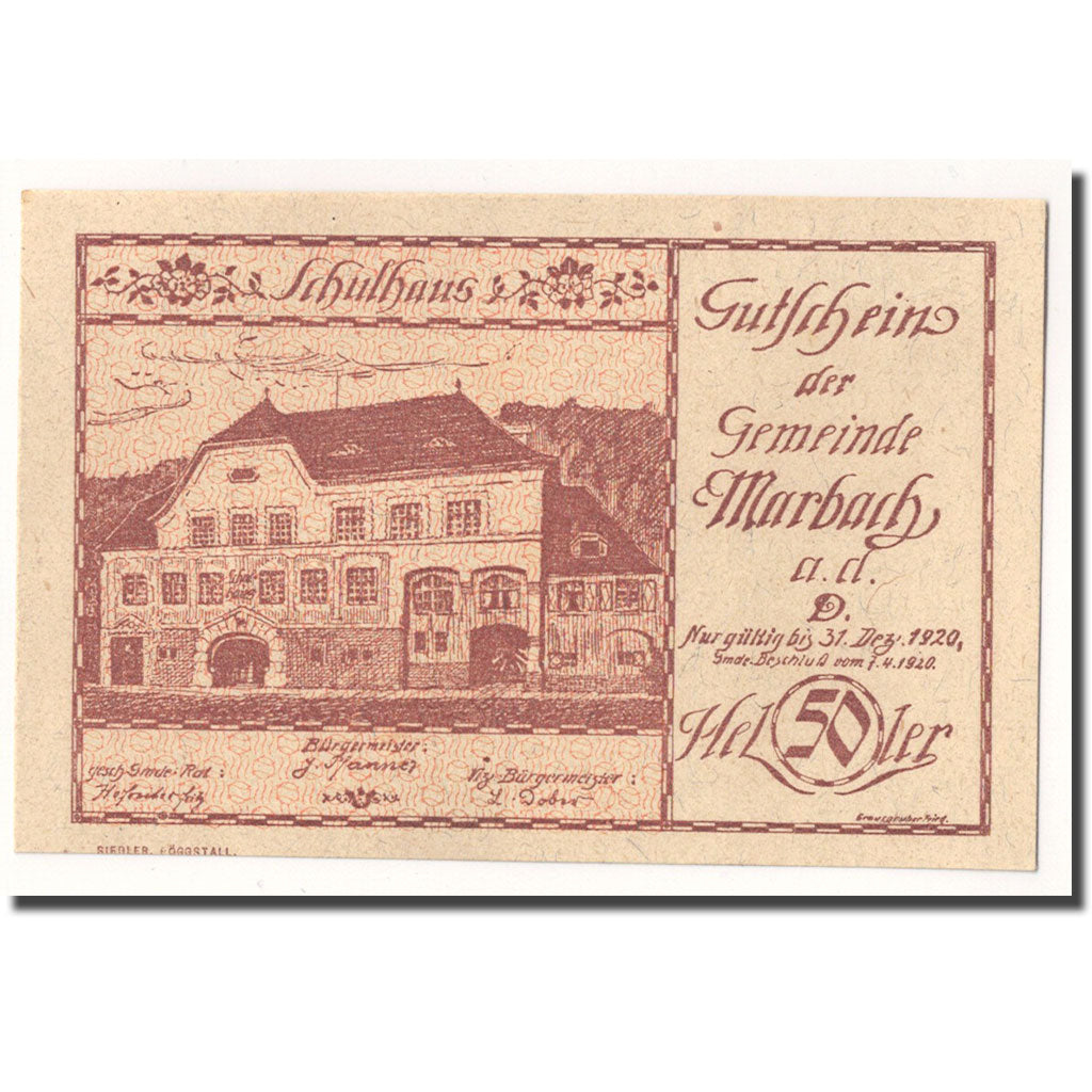 Geldschein, Österreich, Marbach an der Donau, 50 Heller, manoir, 1920