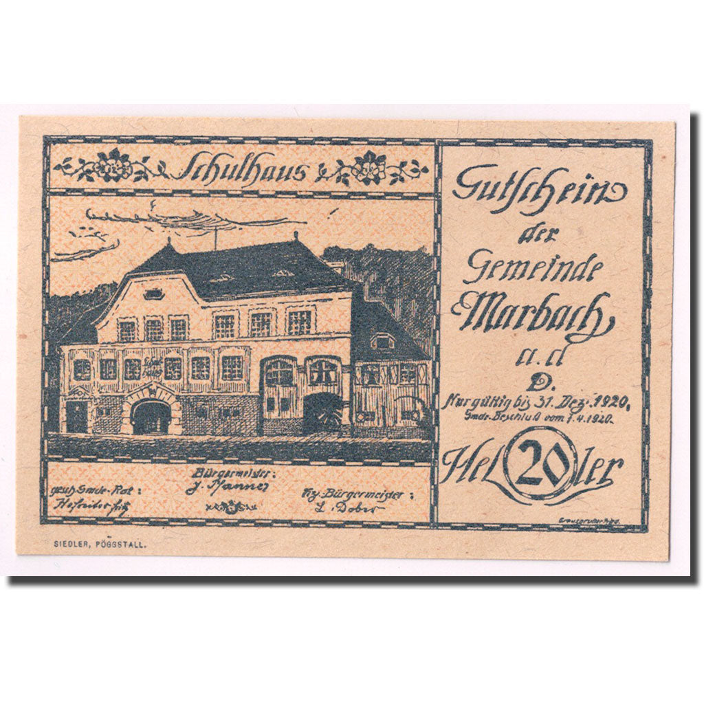 Geldschein, Österreich, Marbach an der Donau, 20 Heller, manoir, 1920