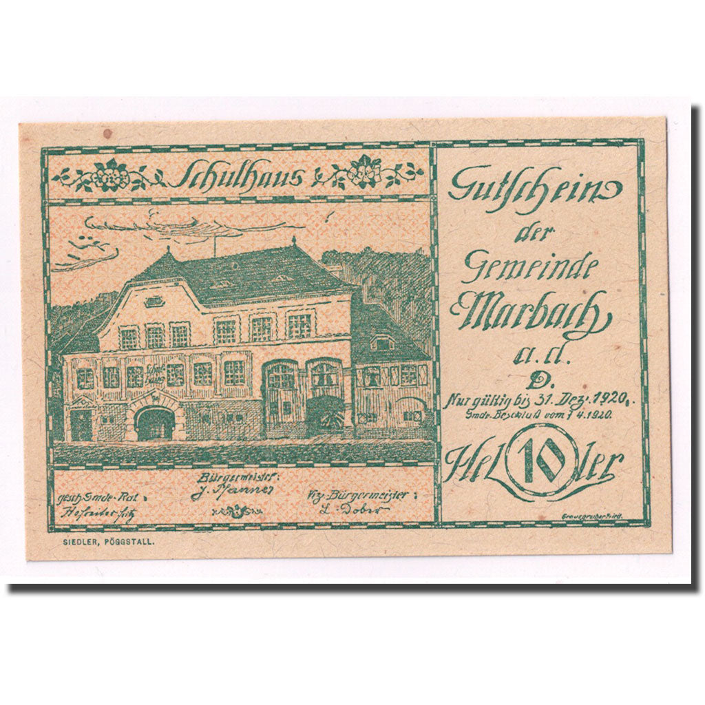 Geldschein, Österreich, Marbach an der Donau, 10 Heller, manoir, 1920