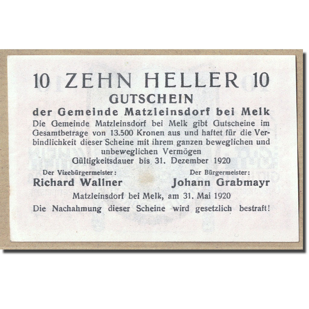 Geldschein, Österreich, MATZLEINSDORF, 10 Heller, Eglise, 1920, UNZ-, Mehl:FS