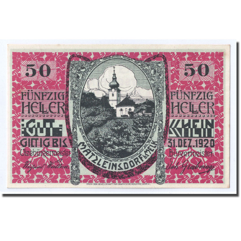 Geldschein, Österreich, MATZLEINSDORF, 50 Heller, Eglise, 1920, UNZ-, Mehl:FS