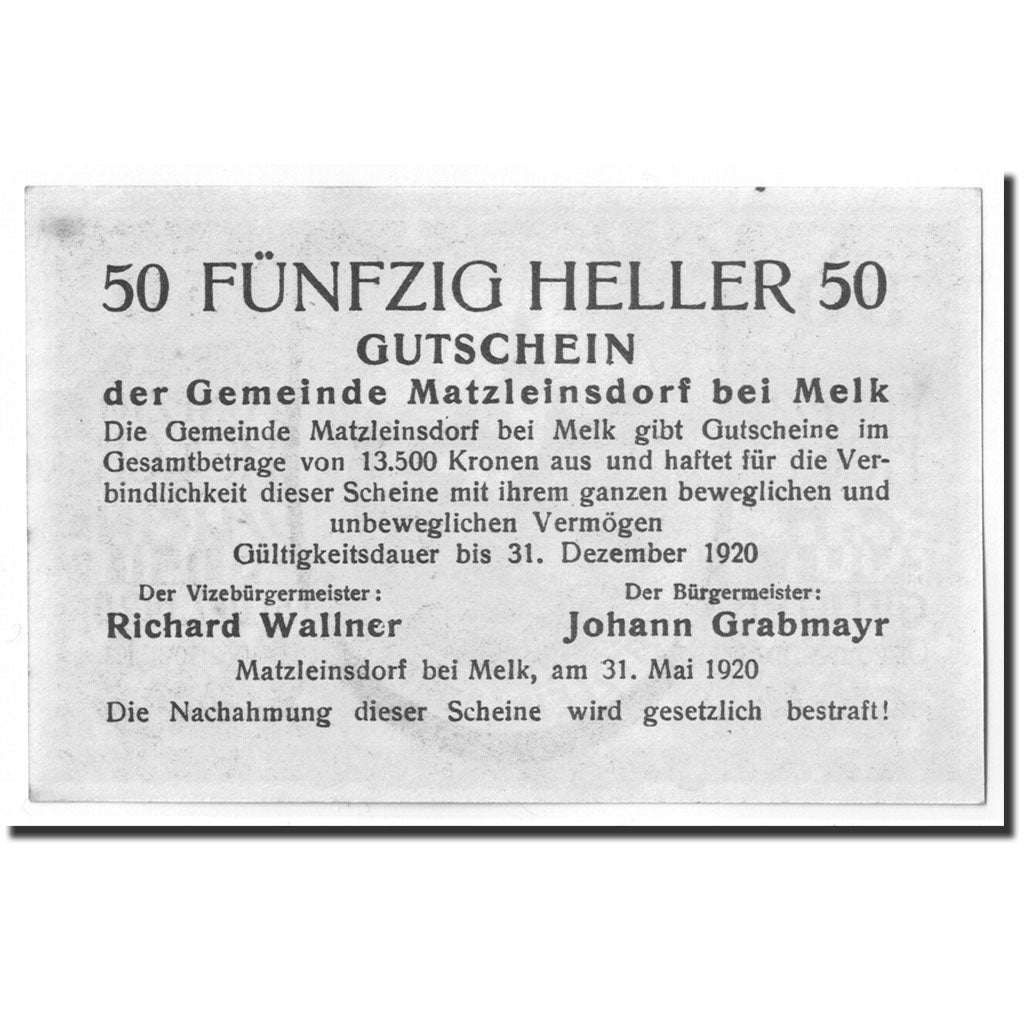 Geldschein, Österreich, MATZLEINSDORF, 50 Heller, Eglise, 1920, UNZ-, Mehl:FS