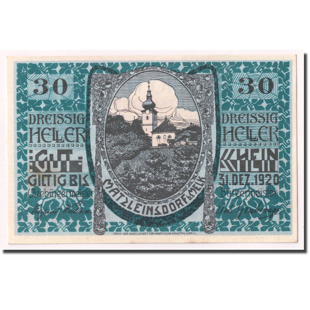 Geldschein, Österreich, MATZLEINSDORF, 30 Heller, Eglise, 1920, UNZ-, Mehl:FS