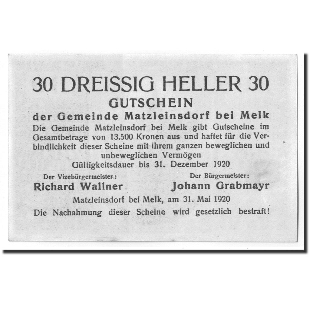 Geldschein, Österreich, MATZLEINSDORF, 30 Heller, Eglise, 1920, UNZ-, Mehl:FS