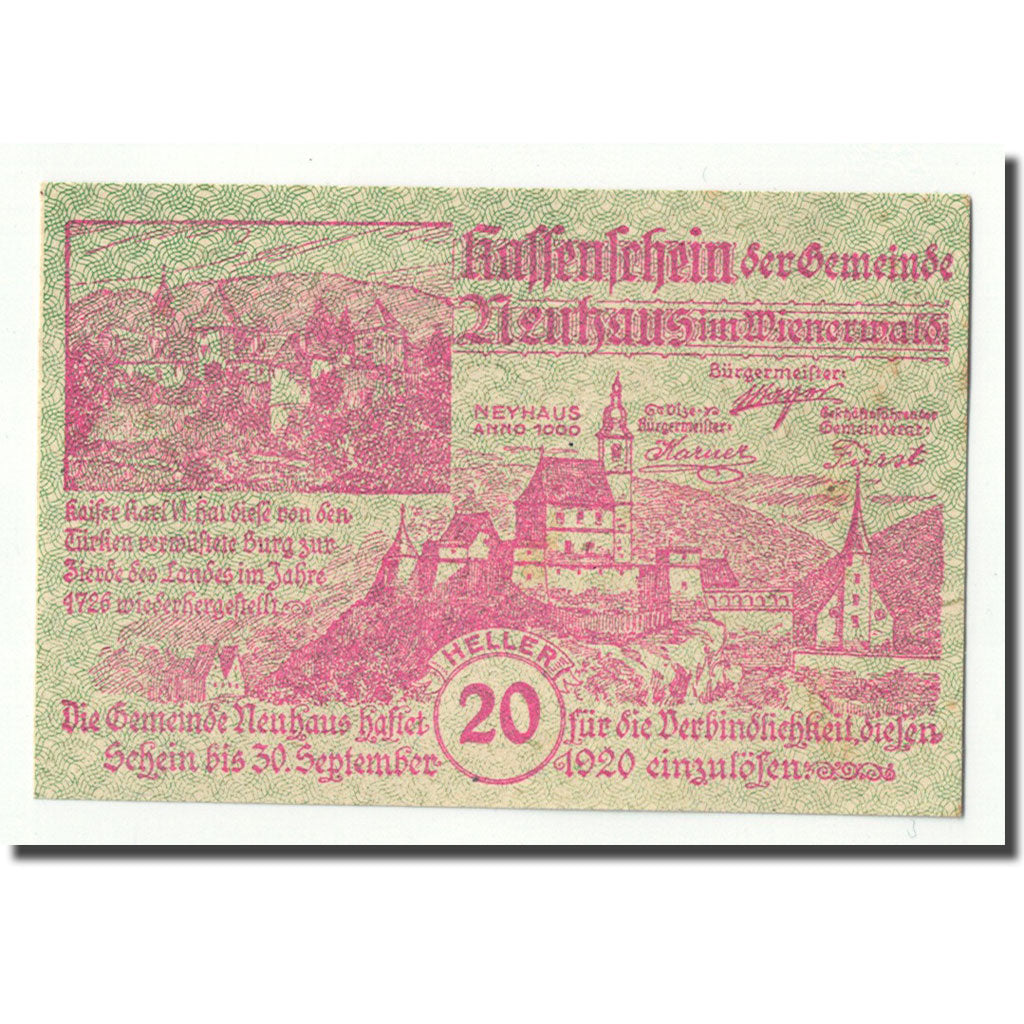 Geldschein, Österreich, Neuhaus, 20 Heller, château, UNZ-, Mehl:FS 646g