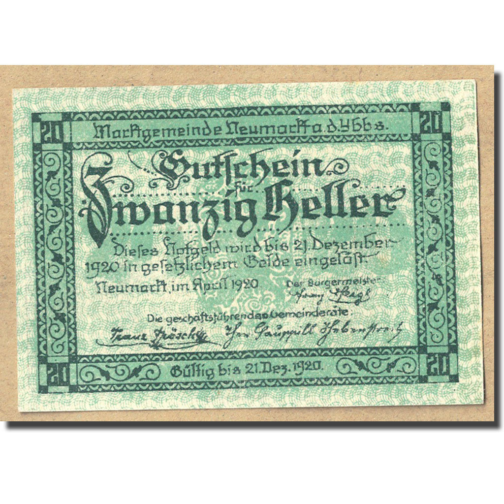 Geldschein, Österreich, Neumarkt an der Ybbs N.Ö. Marktgemeinde, 20 Heller