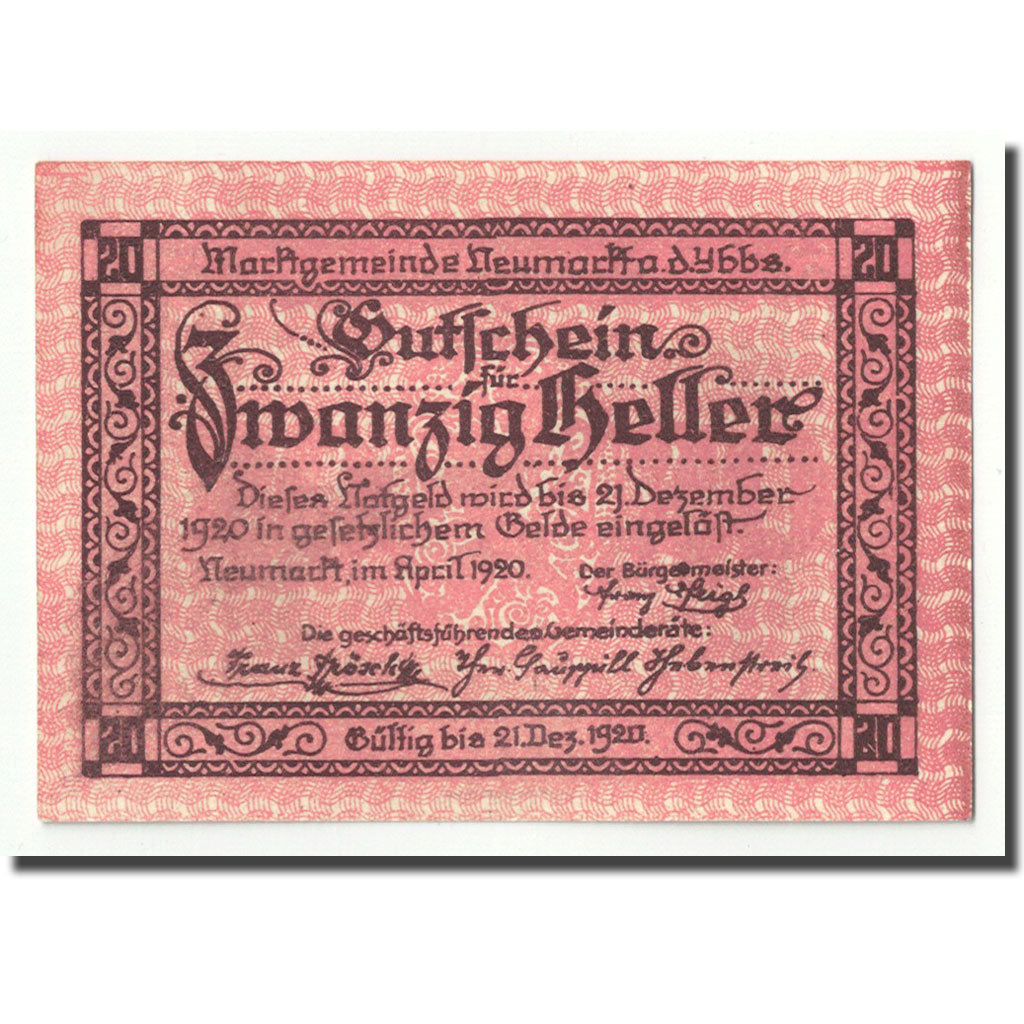 Geldschein, Österreich, Neumarkt an der Ybbs N.Ö. Marktgemeinde, 20 Heller