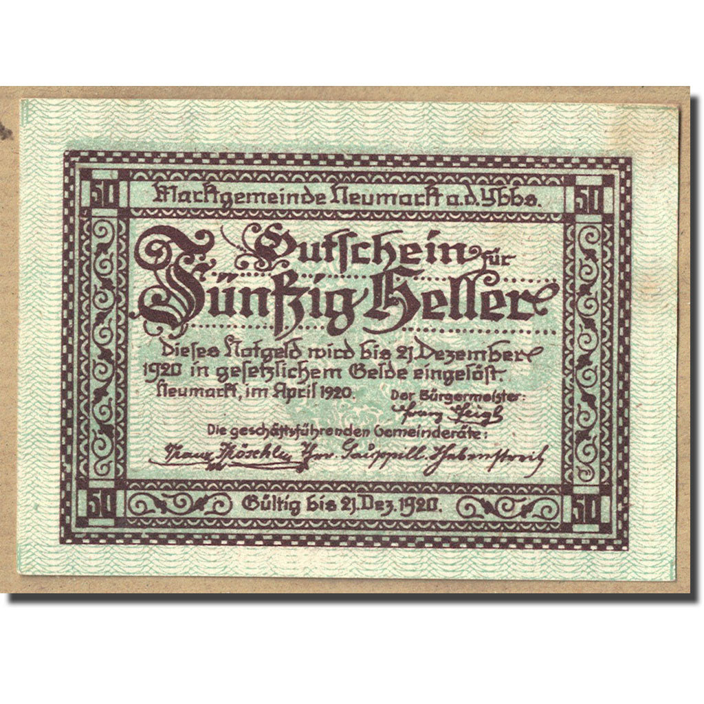Geldschein, Österreich, Neumarkt an der Ybbs N.Ö. Marktgemeinde, 50 Heller
