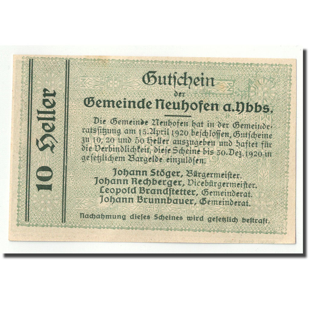 Geldschein, Österreich, Neuhofen a.d Ybbs, 10 Heller, paysage, 1920