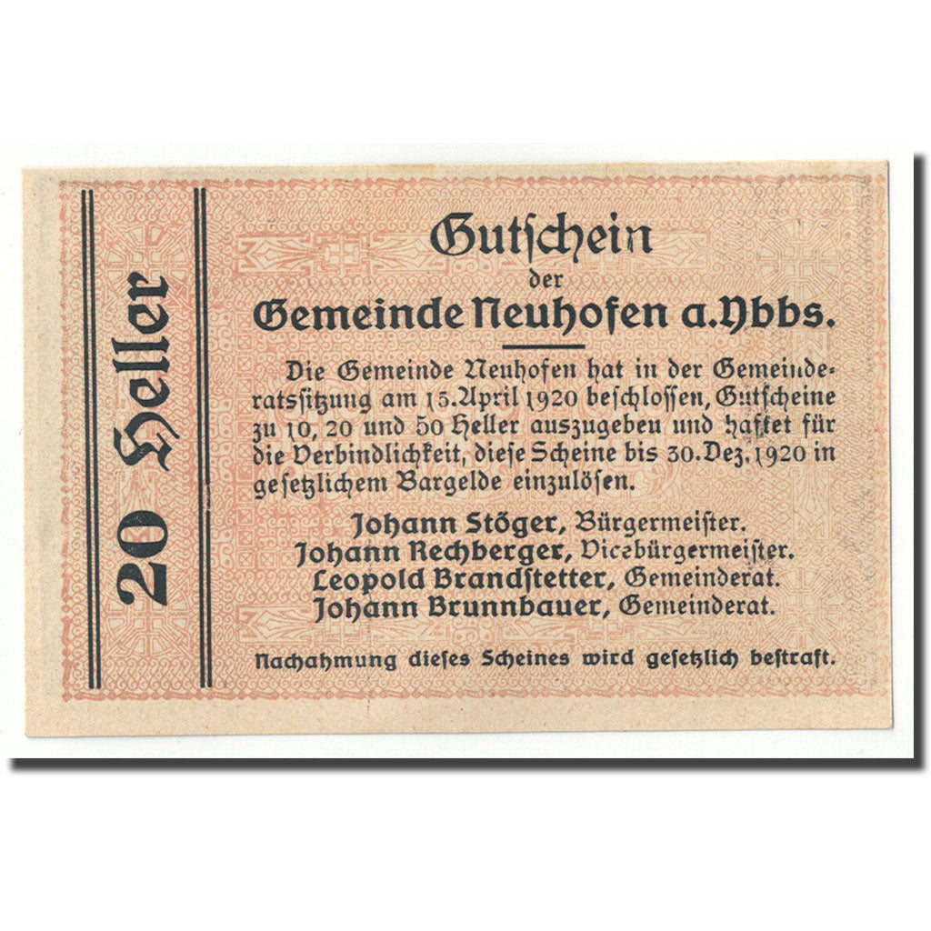 Geldschein, Österreich, Neuhofen a.d Ybbs, 20 Heller, paysage, 1920