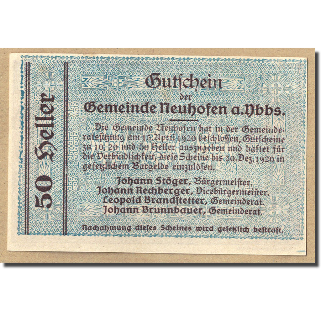 Geldschein, Österreich, Neuhofen a.d Ybbs, 50 Heller, paysage, 1920