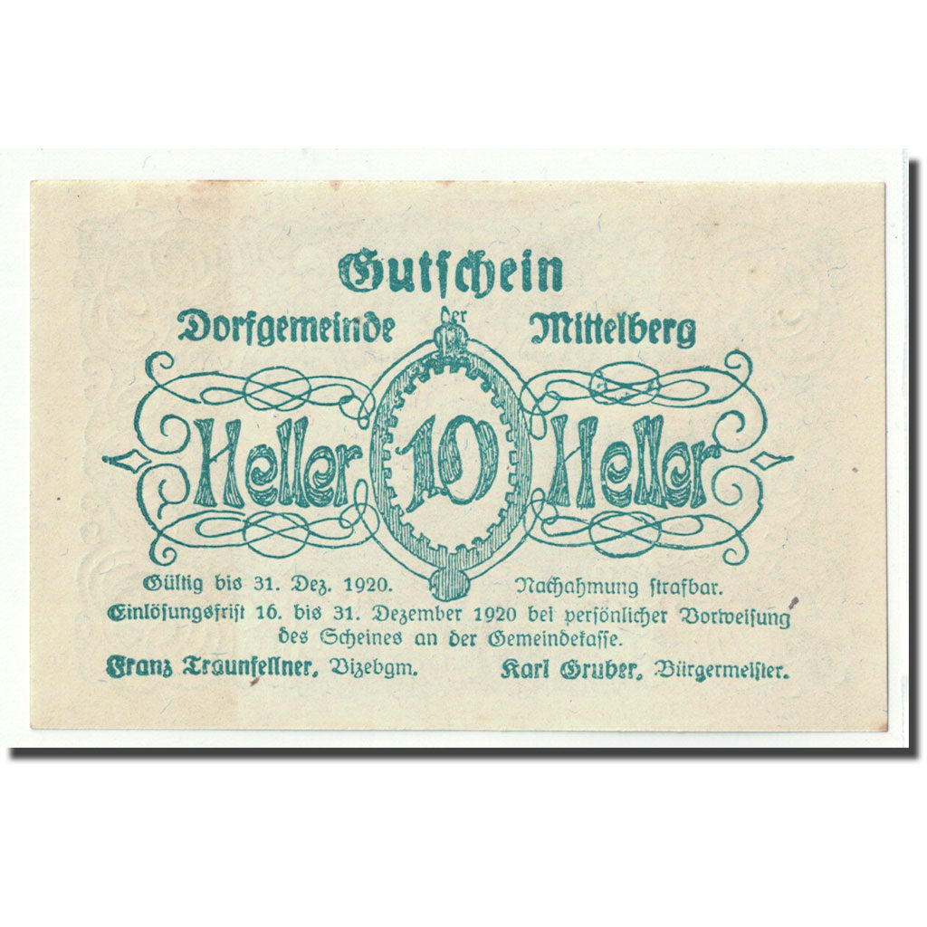 Geldschein, Österreich, Mistelberg, 10 Heller, paysage 1, 1920, UNZ-
