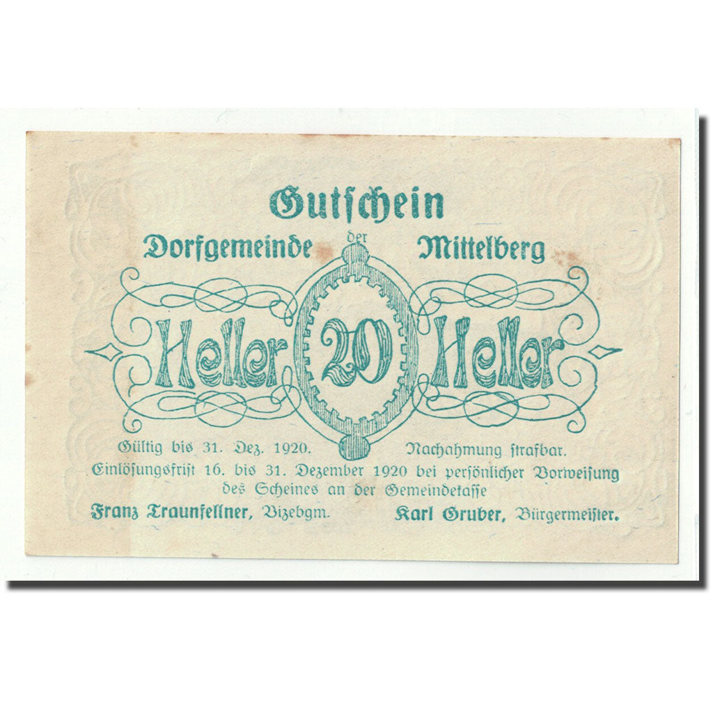 Geldschein, Österreich, Mistelberg, 20 Heller, paysage 1, 1920, UNZ-
