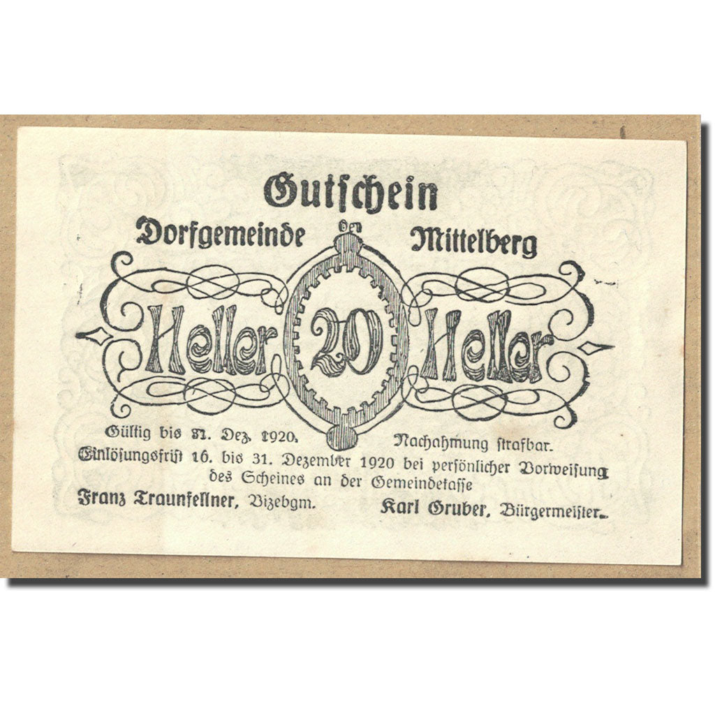 Geldschein, Österreich, Mistelberg, 20 Heller, paysage 2, 1920, UNZ-