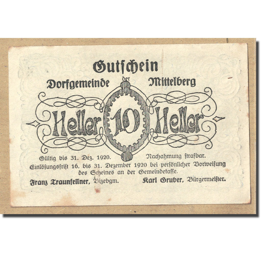 Geldschein, Österreich, Mistelberg, 10 Heller, paysage 2, 1920, UNZ-