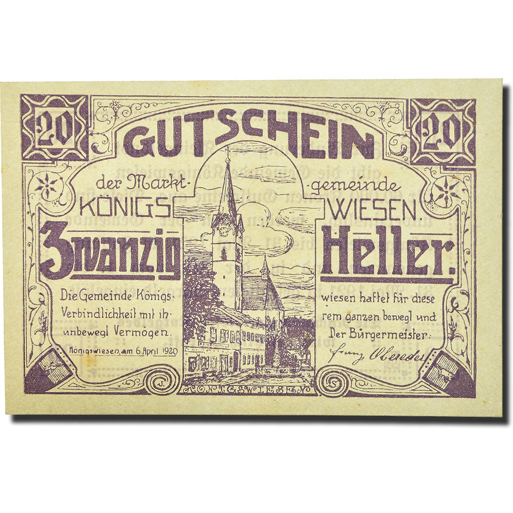 Geldschein, Österreich, Konigswiesen, 20 Heller, Eglise, 1920, 1920-04-06