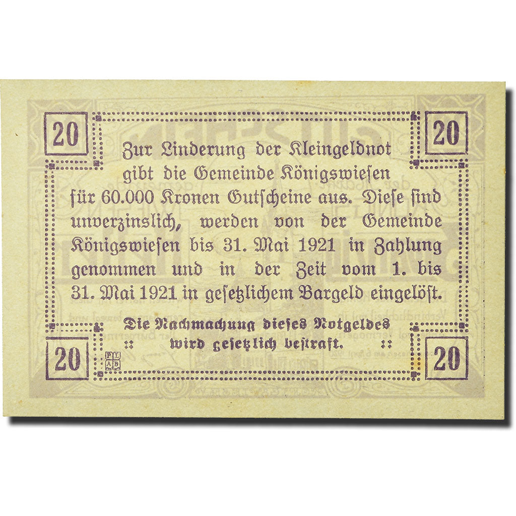 Geldschein, Österreich, Konigswiesen, 20 Heller, Eglise, 1920, 1920-04-06