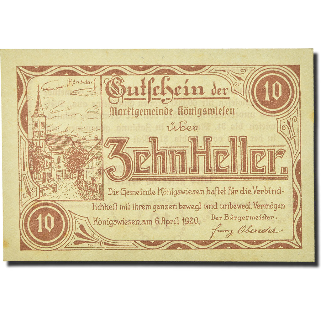 Geldschein, Österreich, Konigswiesen, 10 Heller, Eglise, 1920, 1920-04-06