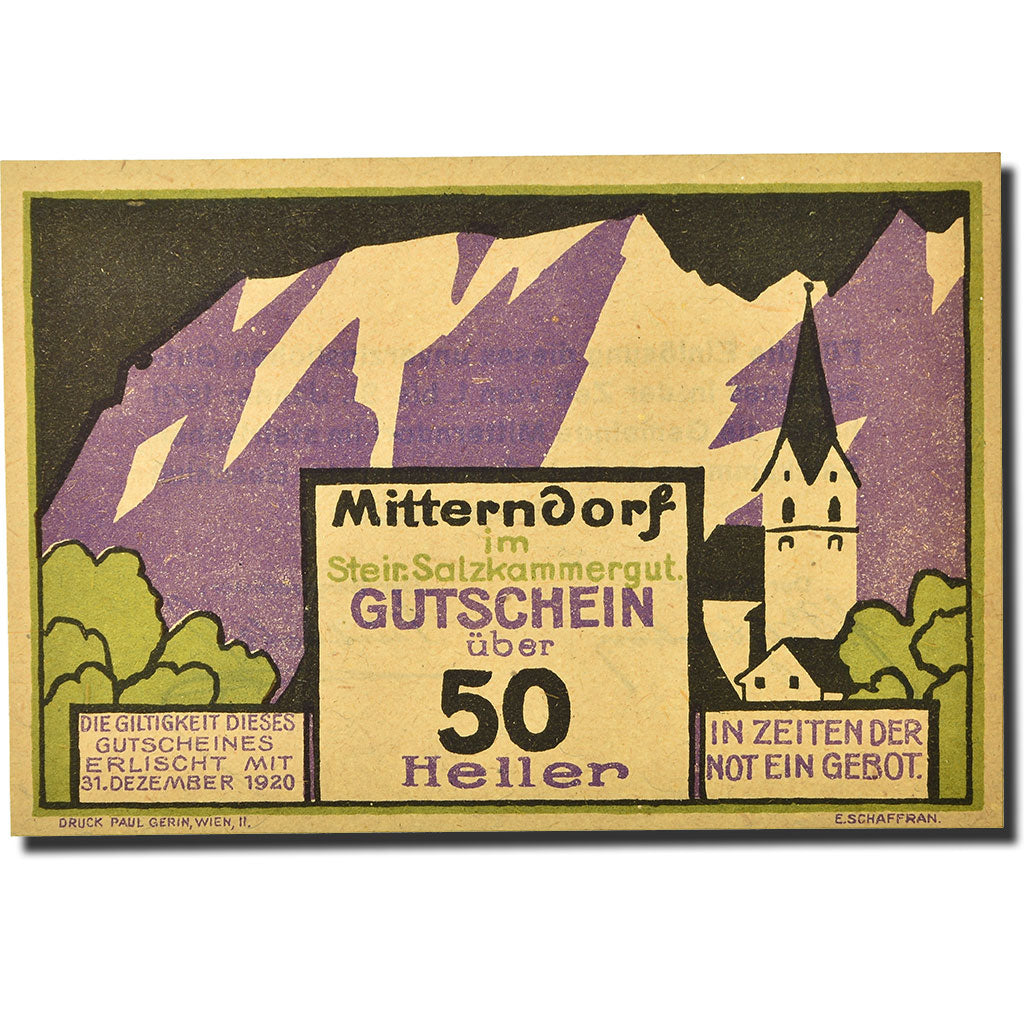 Geldschein, Österreich, Mitterndorf, 50 Heller, Eglise, 1920, 1920-05-28, UNZ-