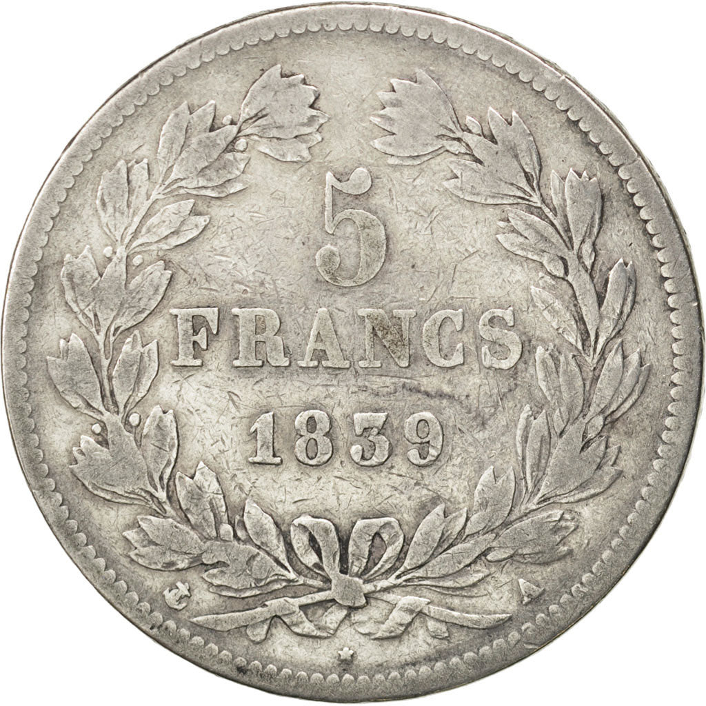 Moneta, Francia, Louis-Philippe, 5 Francs, 1839, Paris, MB, Argento, KM:749.1