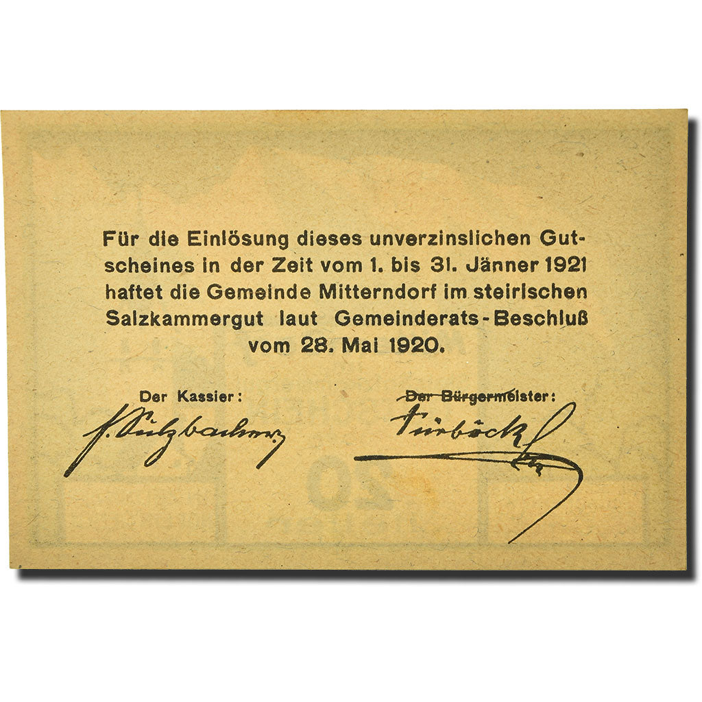 Geldschein, Österreich, Mitterndorf, 20 Heller, Eglise, 1920, 1920-05-28, UNZ-