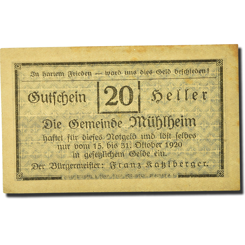 Geldschein, Österreich, Mülheim, 20 Heller, paysage, UNZ-, Mehl:FS 631 a1