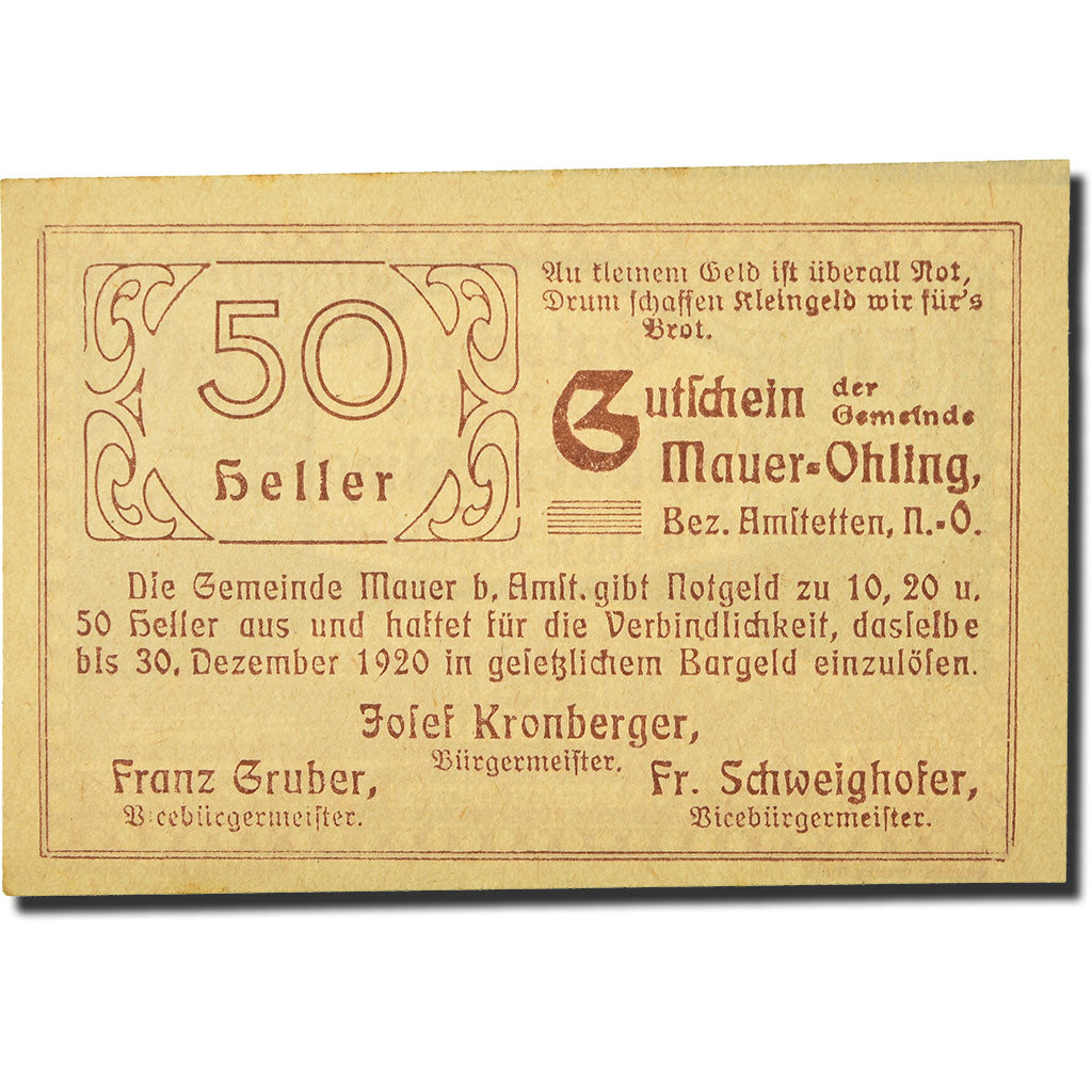 Geldschein, Österreich, Mauer Ohling, 50 Heller, Monument, UNZ-, Mehl:FS 599e