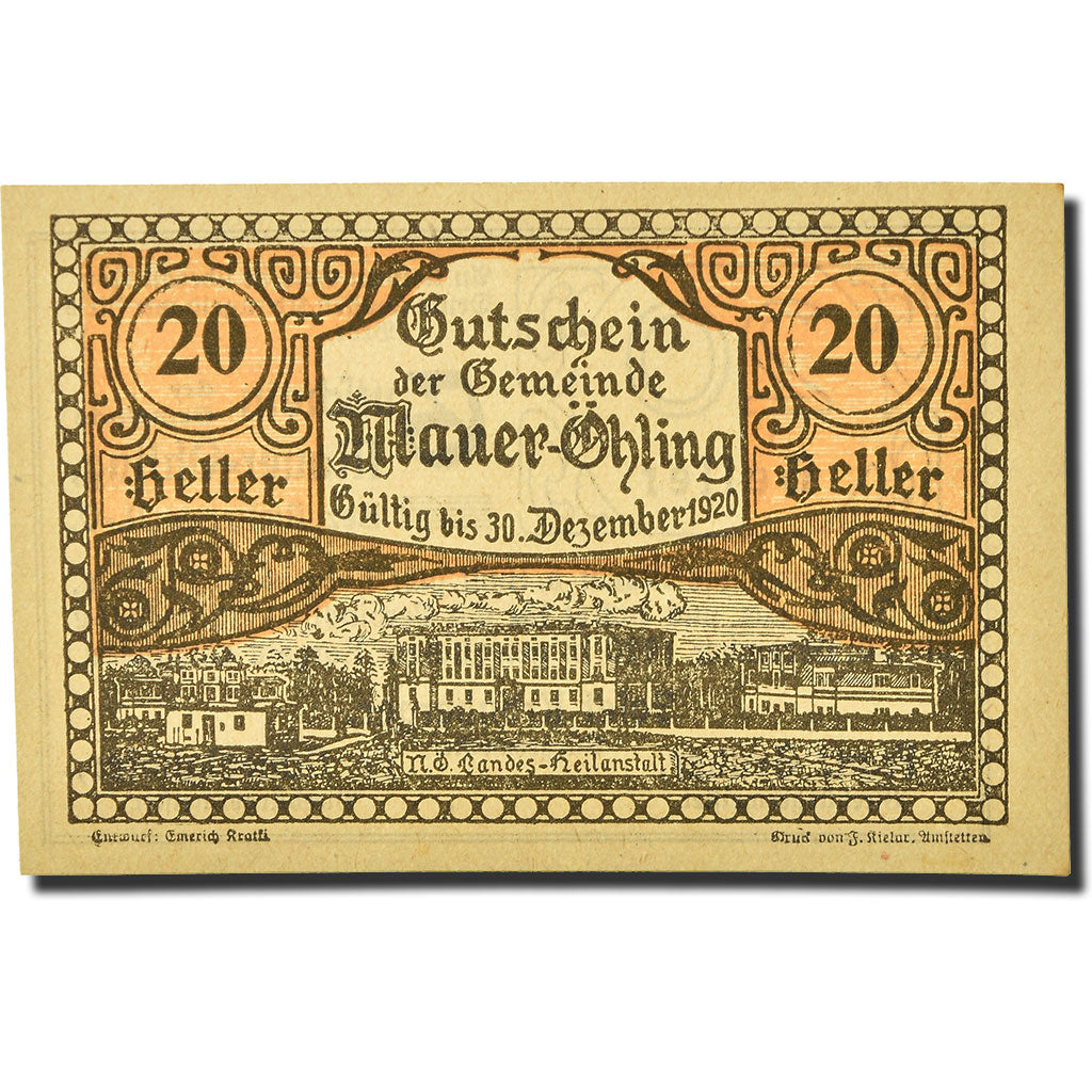Geldschein, Österreich, Mauer Ohling, 20 Heller, Monument, UNZ-, Mehl:FS 599e