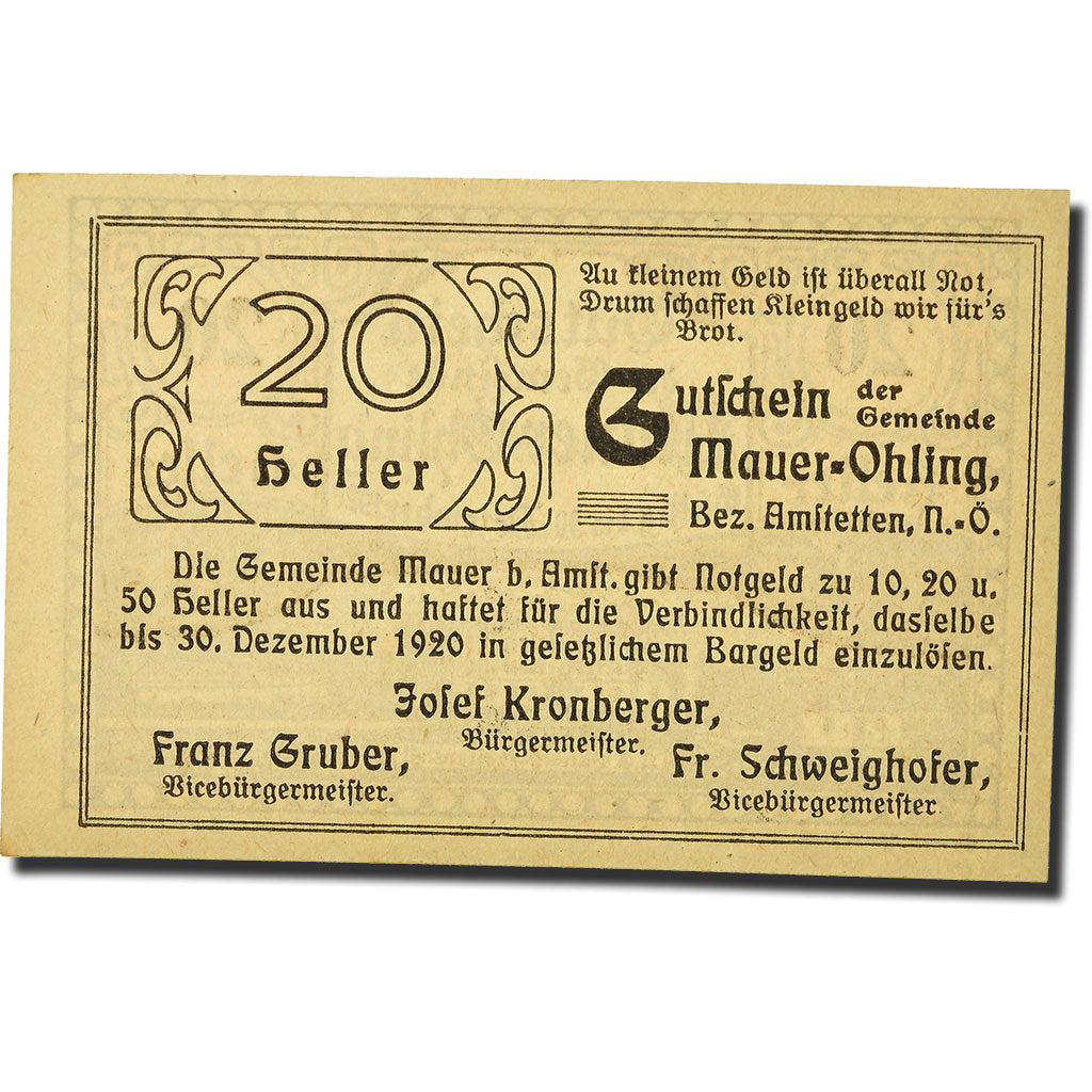 Geldschein, Österreich, Mauer Ohling, 20 Heller, Monument, UNZ-, Mehl:FS 599e