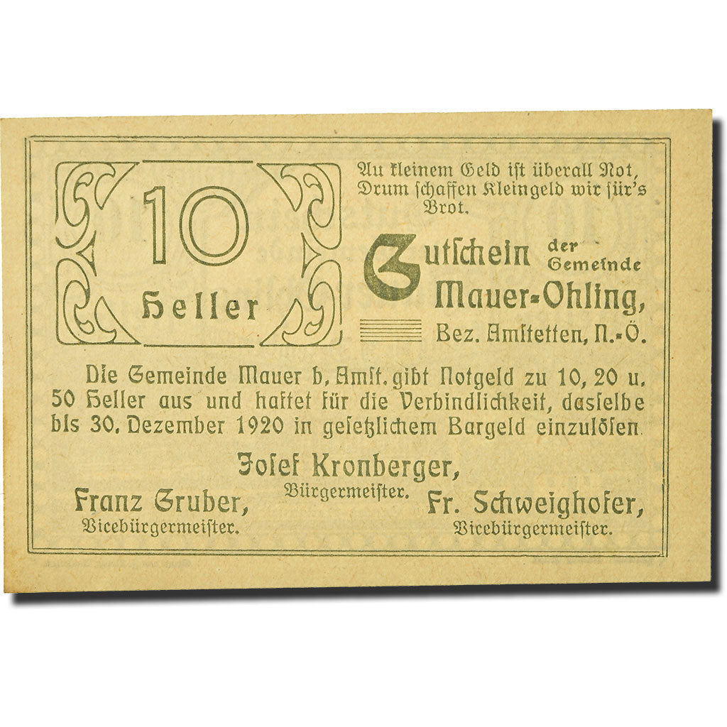 Geldschein, Österreich, Mauer Ohling, 10 Heller, Monument, UNZ-, Mehl:FS 599e