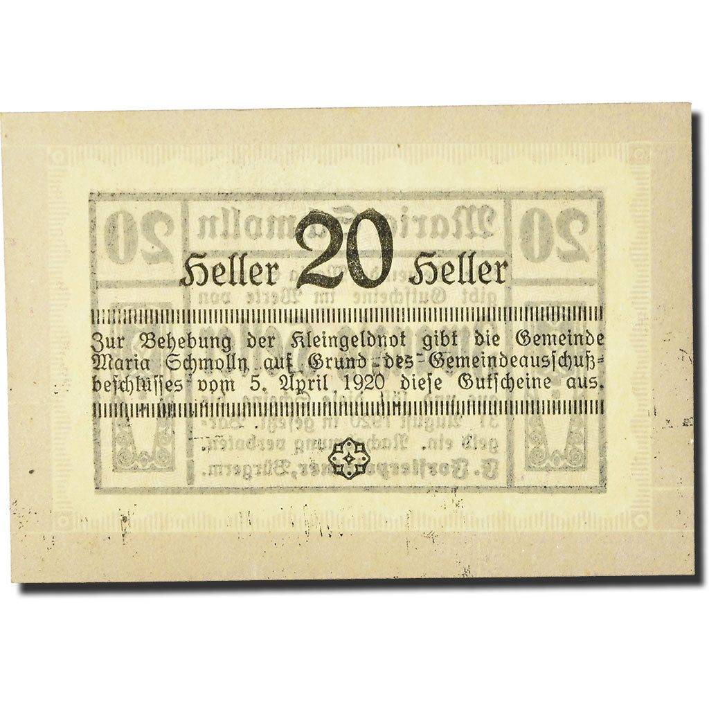 Geldschein, Österreich, Maria Schmolln O.Ö. Gemeinde, 20 Heller, graphique