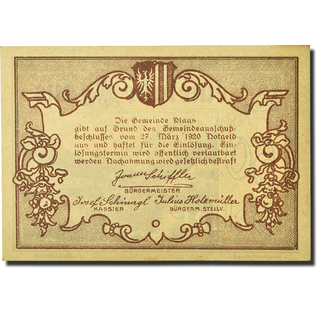 Geldschein, Österreich, Klaus, 50 Heller, paysage, 1920, 1920-03-27, UNZ-