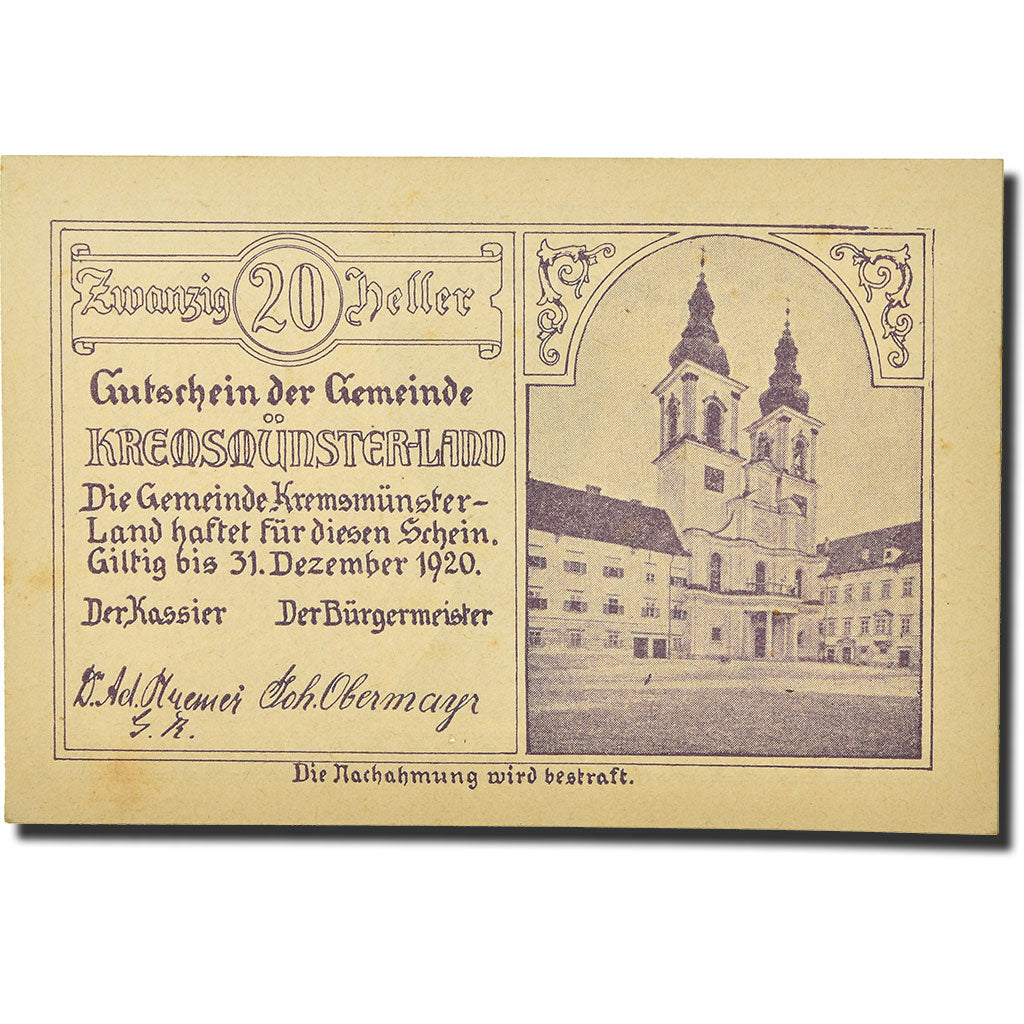 Geldschein, Österreich, Kremsmunster, 20 Heller, château, 1920, 1920-12-31