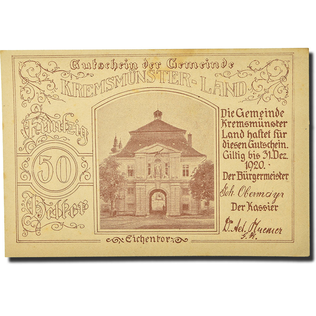 Geldschein, Österreich, Kremsmunster, 50 Heller, château, 1920, 1920-12-31
