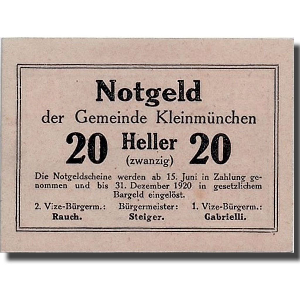 Geldschein, Österreich, Kleinmünchen, 20 Heller, paysage, 1920, 1920-06-15