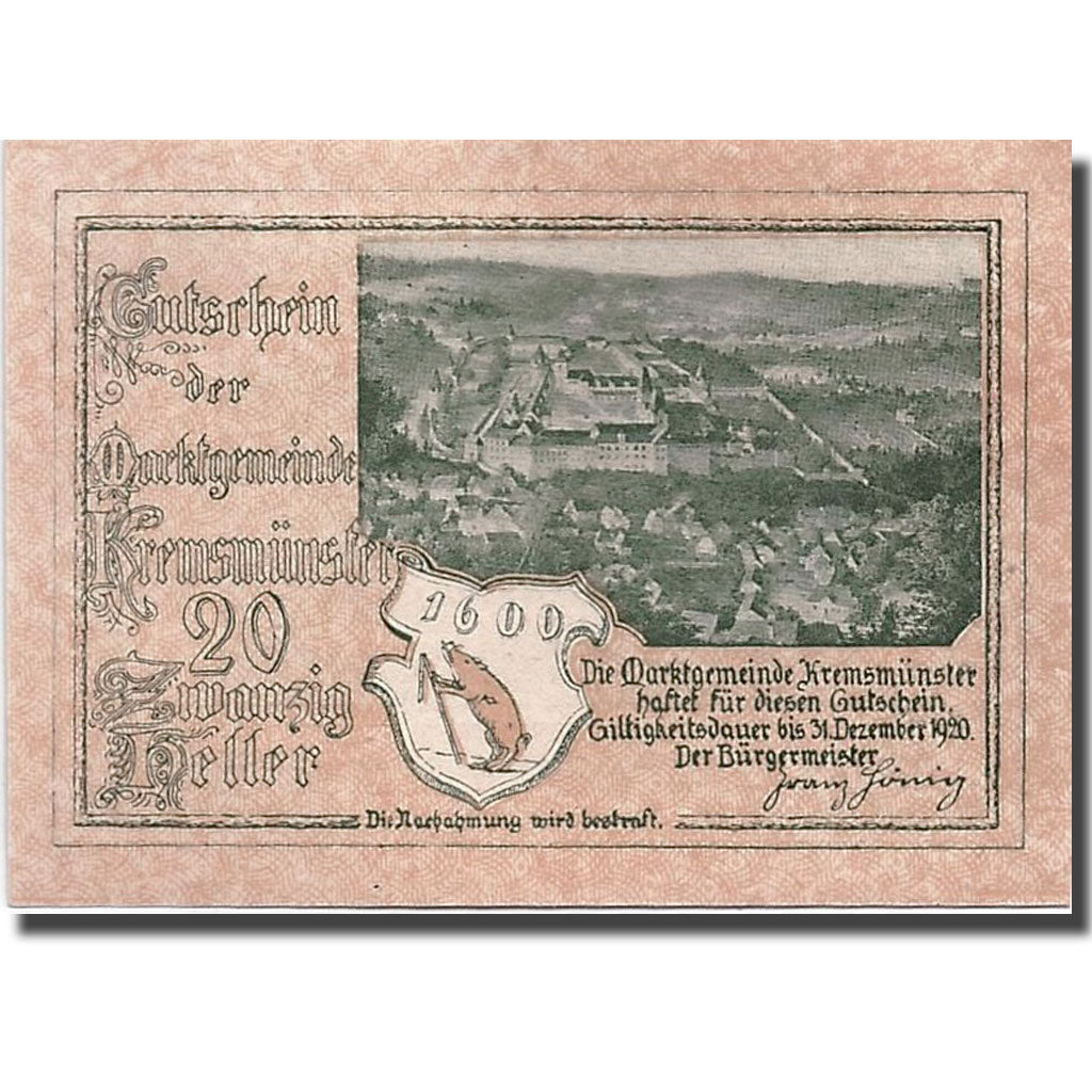 Geldschein, Österreich, Kremsmunster, 20 Heller, paysage, UNZ-, Mehl:476II