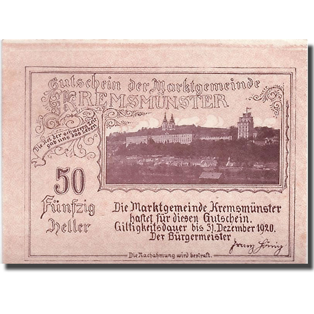 Geldschein, Österreich, Kremsmunster, 50 Heller, paysage, UNZ-, Mehl:476II
